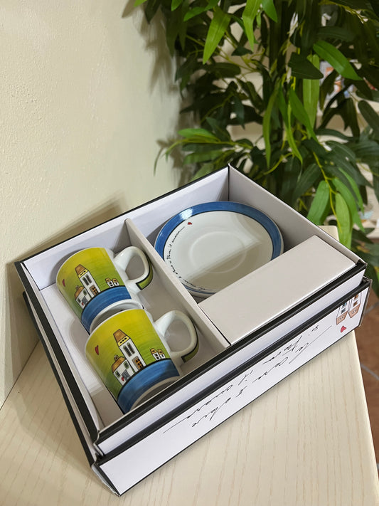 Set 2 Tazze caffè con piattini Le Casette blu