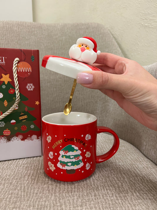 Mug rosso con tappo e cucchiaino Babbo Natale